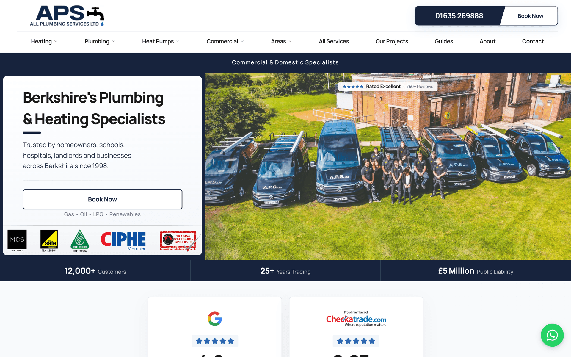 APS Plumbing & Heating desktop homepage, showing local service positioning, trust signals and enquiry paths.