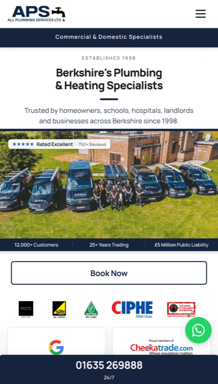 APS Plumbing & Heating mobile homepage.