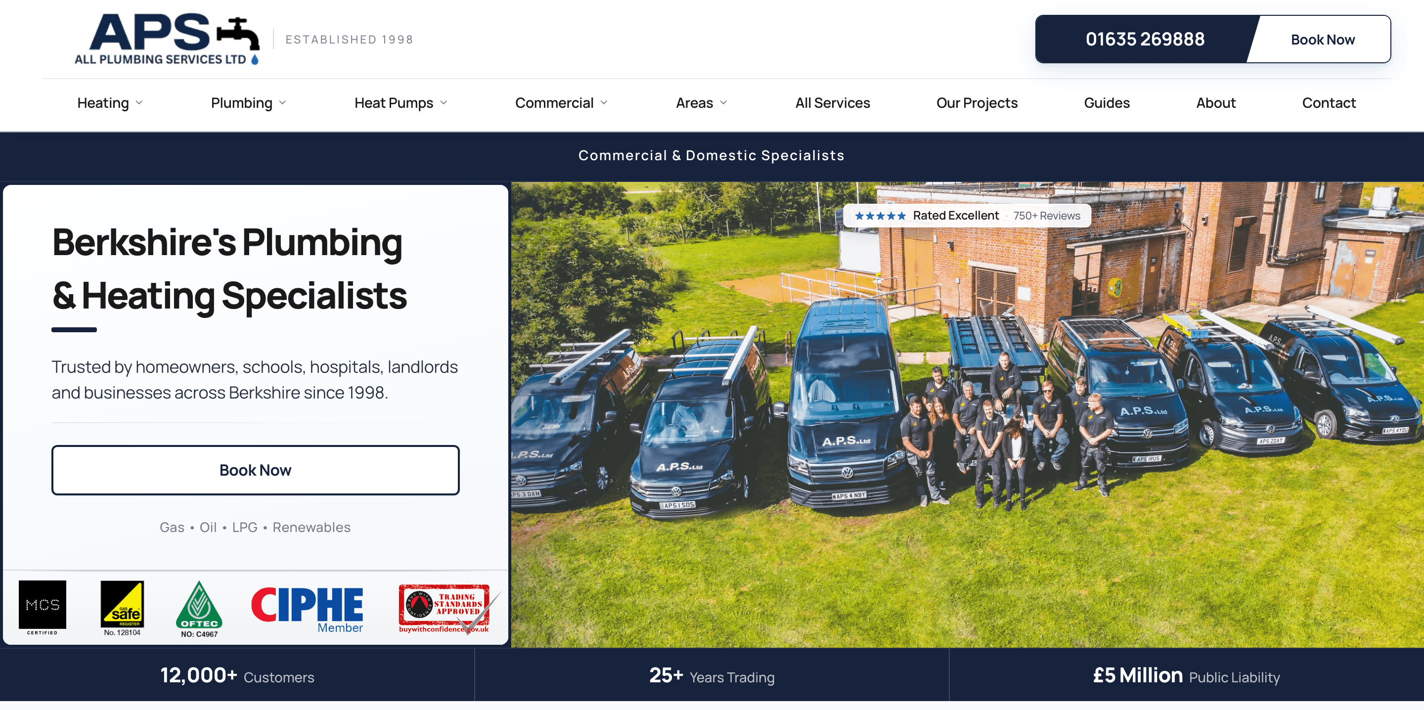 APS Plumbing & Heating desktop homepage, showing local service positioning, trust signals and enquiry paths.