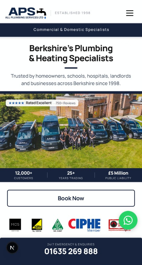 APS Plumbing & Heating mobile homepage.